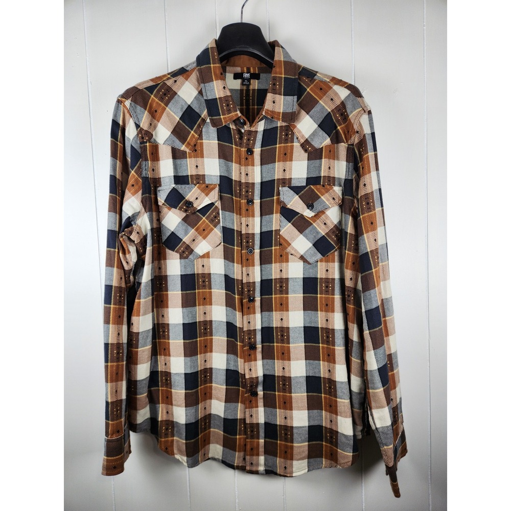 Frye Western Plaid Button Down Shirt Brown Navy Cotton Flannel XL